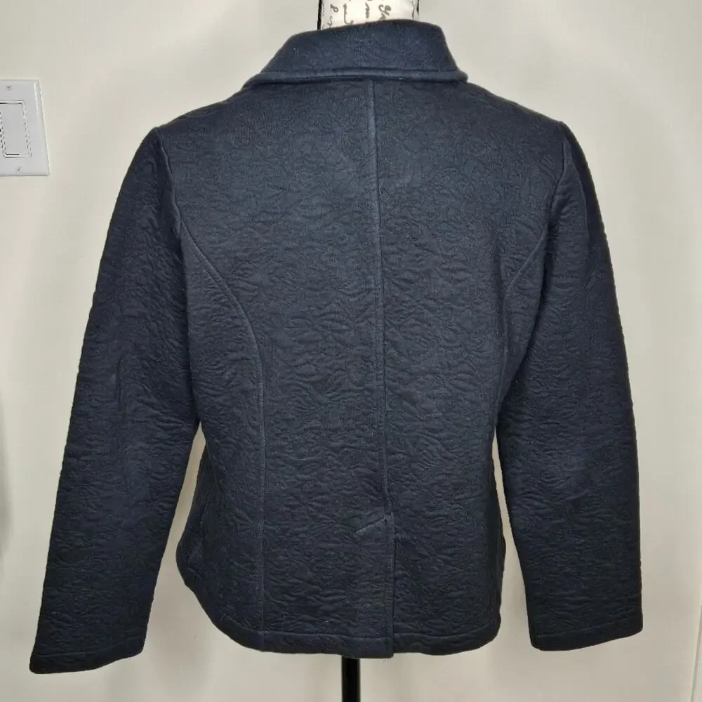 ISAAC MIZRAHI Navy Blue Floral Pattern  Quilted Jacket Collared Button Front S